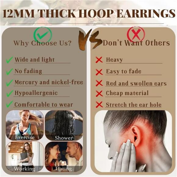 Sterling silver chunky hoop earrings wide thick lightweight gold plated hoops wo - Picture 5 of 7